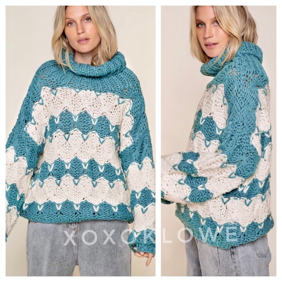POL Teal & Ivory Striped Chunky Knit Turtleneck Sweater Relaxed Fit - Picture 7 of 12